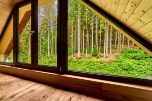 Výhled z podkrovního pokoje luxusního domu (231 m2) na prodej, na samotě u lesa (v Bernově u Nejdku). Se zahradou (2200 m2+)