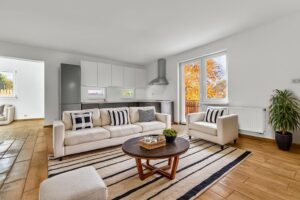 Vizualizace kuchyně s obývacím pokojem rodinného domu k PRODEJI na adrese Teplička 62. 3+KK o velikosti 92 m², se zahradou a garáží.